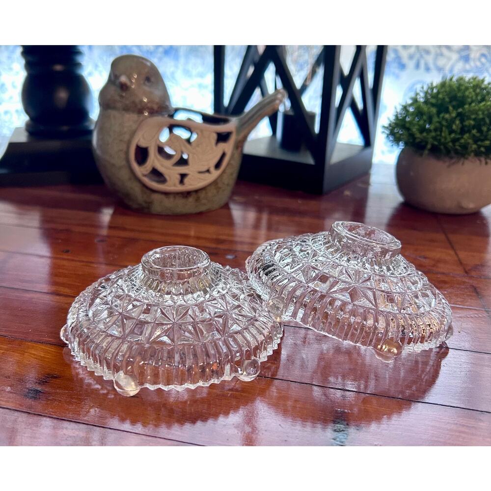 Vintage Set if 2 Anchor Hocking Pressed Glass Stars & Bars Clear Candle Holders